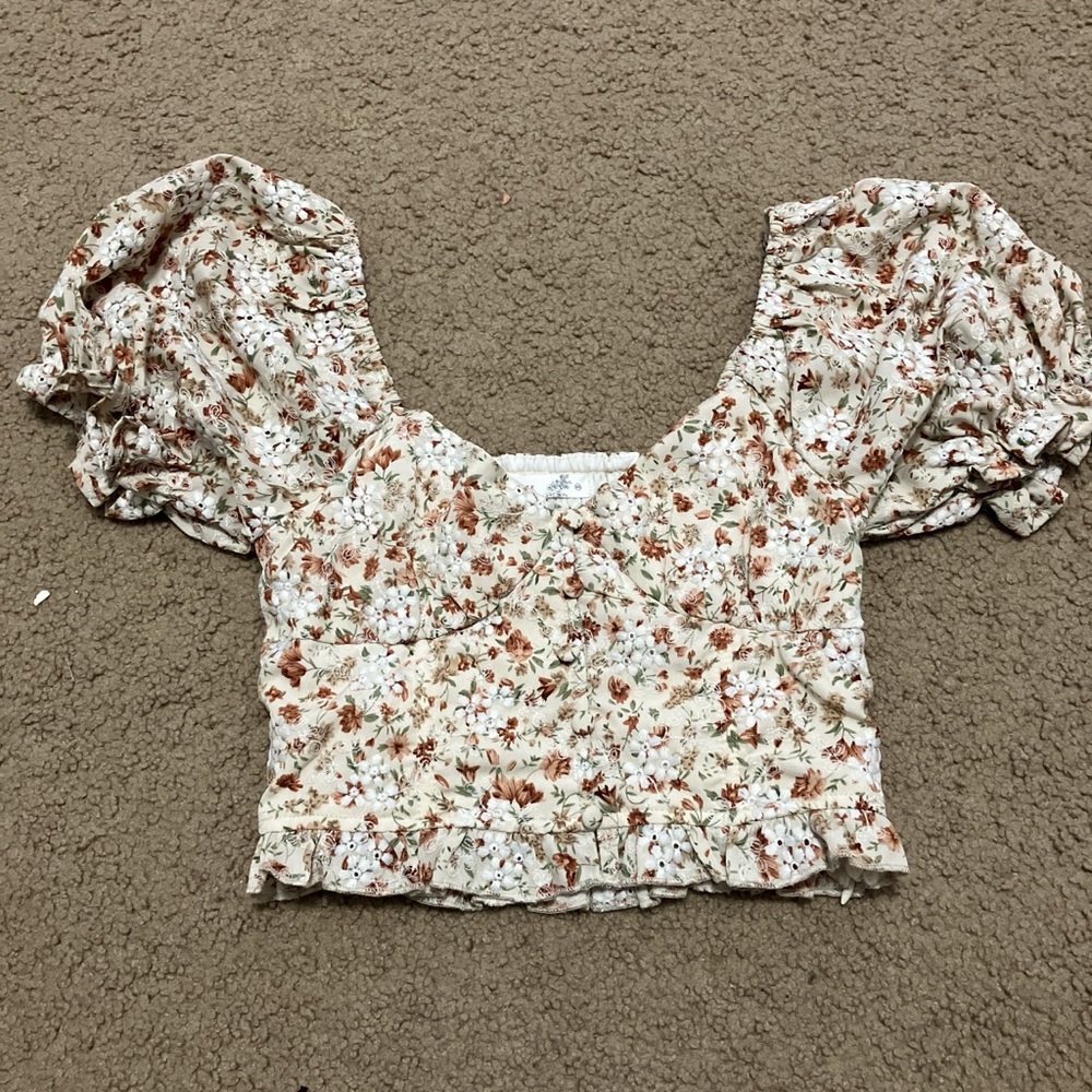 Floral Puff Sleeve Blouse - Cream and Brown